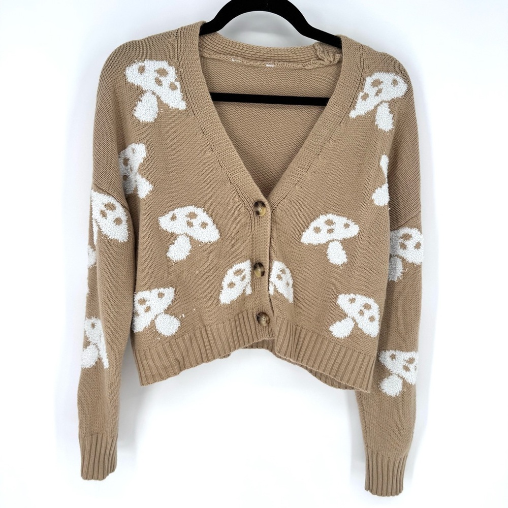 Tan Mushroom Patterned Women's cardigan Sweater